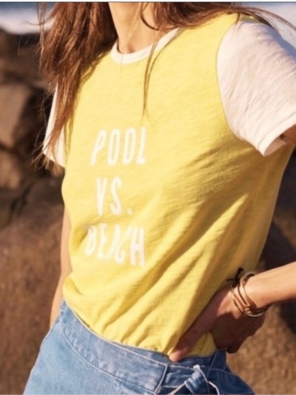 Madewell Pool Vs Beach Shrunken Tee Cotton Yellow White Size Medium